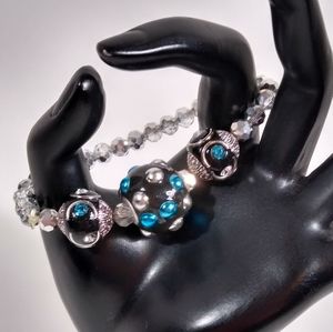 Bracelet Black Silver Blue Beaded Stretch Handmade